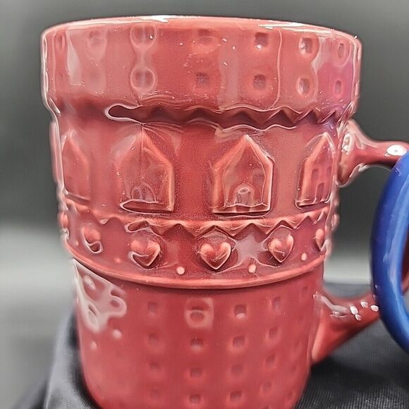 At Home International Heart House mugs Set of 2 Cranberry & Cobalt Blue 12-14 oz - Picture 5 of 9